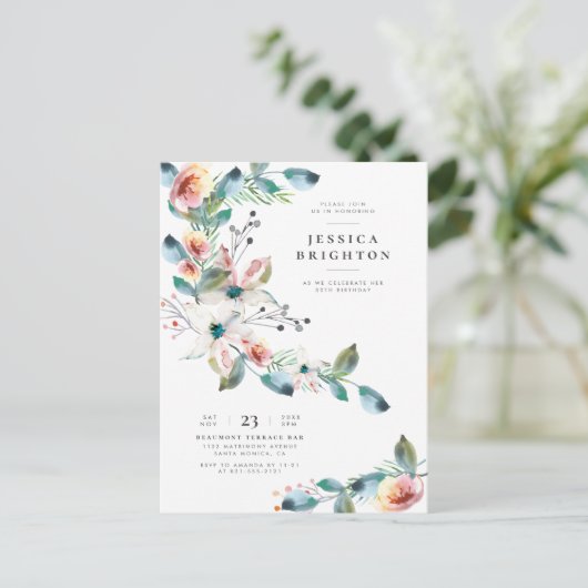 Licht blauw en Blush roze | Modern Birthday Party Uitnodiging Briefkaart (Staand voorkant)