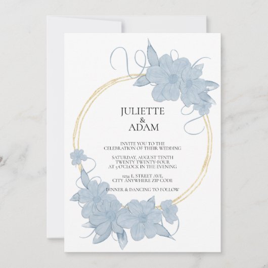 Licht Blauw en Goud Bloemen Bruiloft Uitnodiging (Voorkant)
