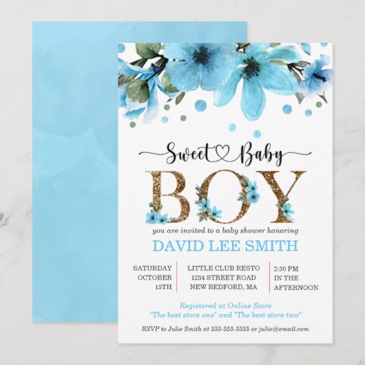 Licht blauw en gouden waterverf baby shower (Voorkant / Achterkant)