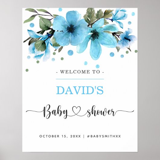 Licht blauw en gouden waterverf baby shower poster (Voorkant)
