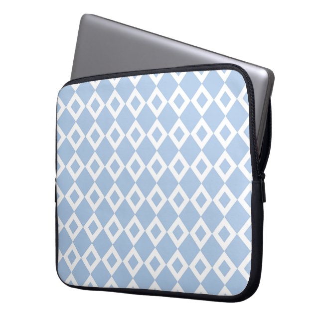 Licht blauw en wit diamantpatroon laptop sleeve (Voorkant Links)