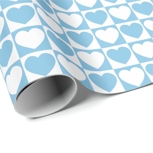 Licht blauw en wit Gecontroleerd Patroon met hart Cadeaupapier (Rol Hoek)