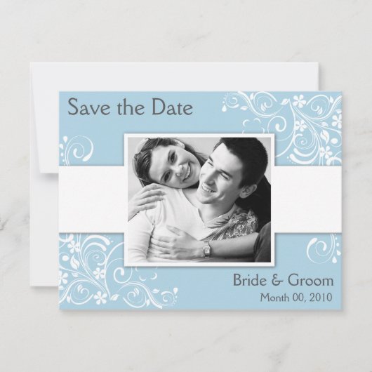 Licht Blauw Floral Draai sparen de Datum Fotokaart Save The Date (Voorkant)