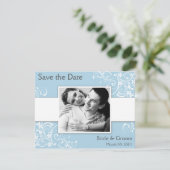 Licht Blauw Floral Draai sparen de Datum Fotokaart Save The Date (Staand voorkant)