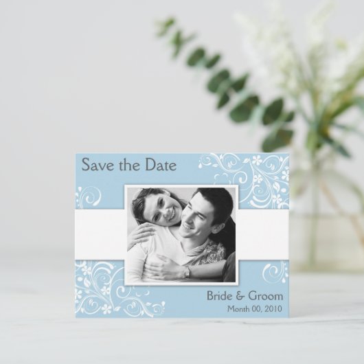 Licht Blauw Floral Draai sparen de Datum Fotokaart Save The Date (Staand voorkant)