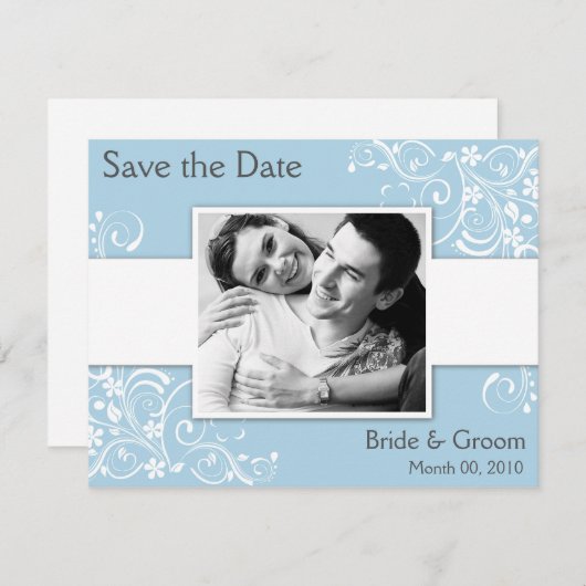 Licht Blauw Floral Draai sparen de Datum Fotokaart Save The Date (Voorkant / Achterkant)