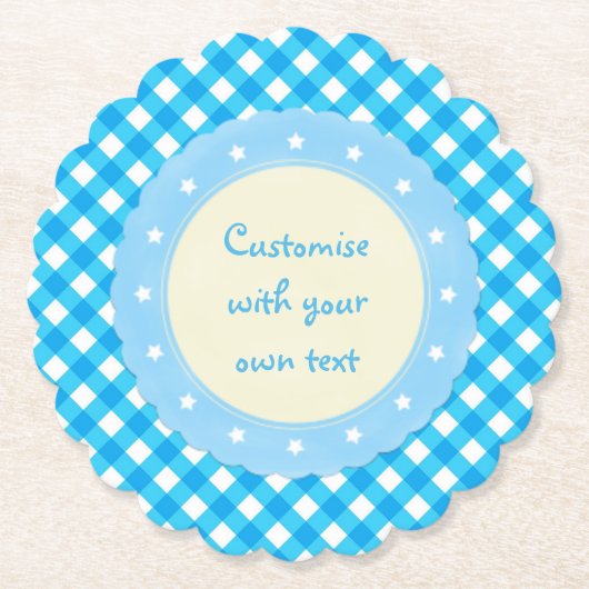 Licht Blauw Gingham Fancy Aangepaste tekst Kartonnen Onderzetters (Voorkant)