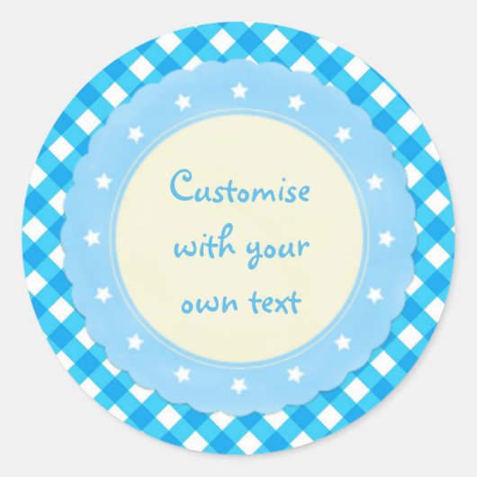 Licht Blauw Gingham Fancy Aangepaste tekst Ronde Sticker (Voorkant)