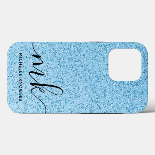 Licht Blauw Glitter Bokeh Aangepaste Monogram en N Case-Mate iPhone Case (Achterkant (horizontaal))