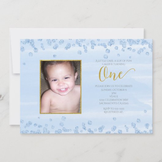 Licht Blauw Goud ONE 1e Verjaardag Foto Uitnodigin Kaart (Voorkant)