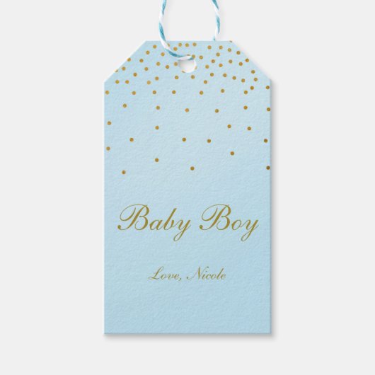 Licht Blauw & Gouden Folie Confetti Stippen Gift L Cadeaulabel (Voorkant)