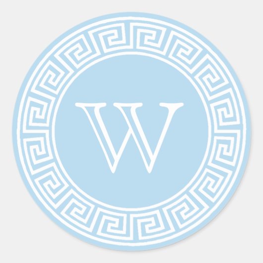 Licht blauw Grieks sleutelmonogram envelop Ronde Sticker (Voorkant)