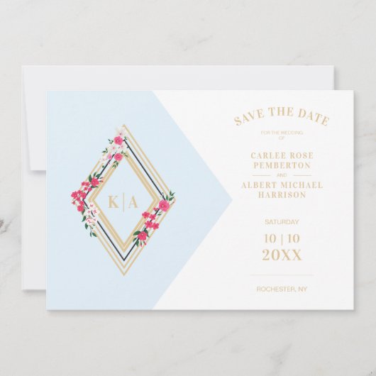 Licht blauw Initialen Floral Diamond Save The Date (Voorkant)