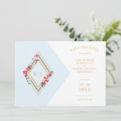Licht blauw Initialen Floral Diamond Save The Date (Staand voorkant)