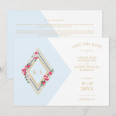 Licht blauw Initialen Floral Diamond Save The Date (Voorkant / Achterkant)