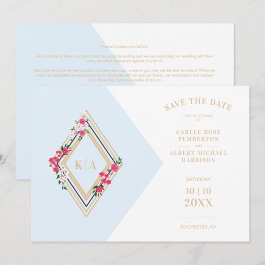 Licht blauw Initialen Floral Diamond Save The Date (Voorkant / Achterkant)