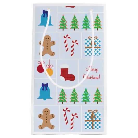 Licht blauw kerstpatroon, kleine cadeautas (Voorkant)