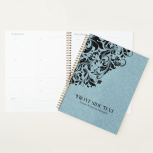 Licht blauw lijntextiel Zwarte Floral Ornament Planner