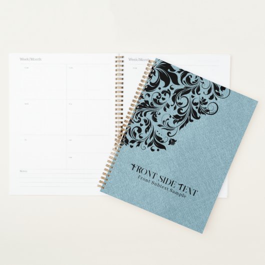 Licht blauw lijntextiel Zwarte Floral Ornament Planner (Display)