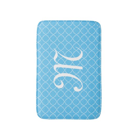 Licht blauw monogram quatrefoliepatroon badmat (Voorkant Verticaal)