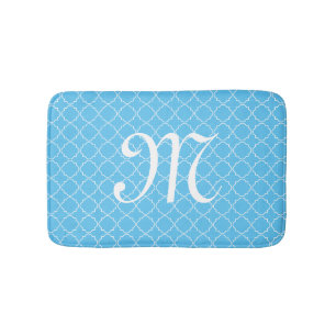 Licht blauw monogram quatrefoliepatroon badmat