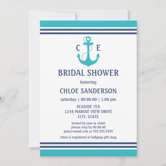 Licht blauw Nautical Bridal Shower Invitations Kaart (Voorkant)