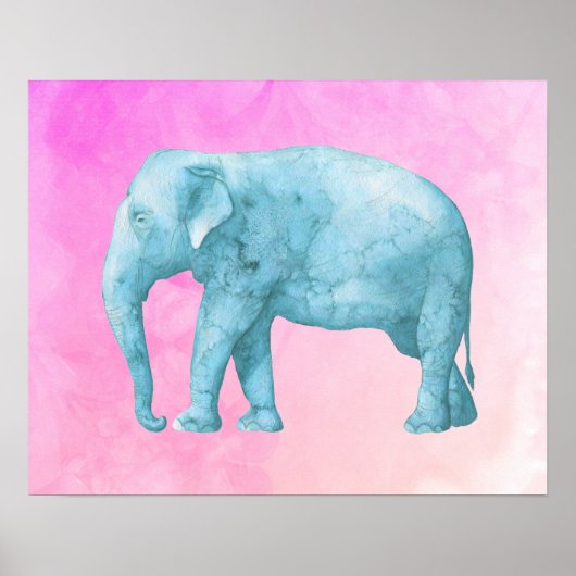Licht blauw olifant op droomroze Waterverven Poster (Voorkant)
