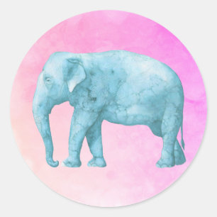 Licht blauw olifant op droomroze Waterverven Ronde Sticker