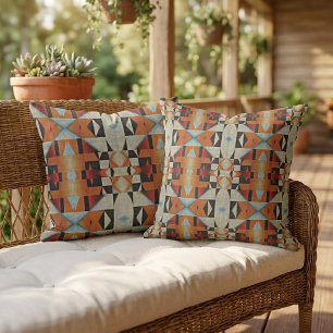 Licht blauw Oranje Taupe Grey Black Tribal Art Buitenkussen