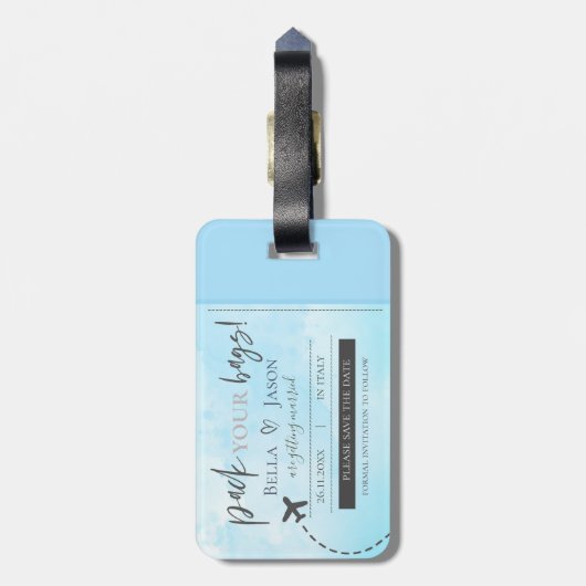 Licht blauw pak je tassen die de datum opslaan bagagelabel (Achterkant verticaal)