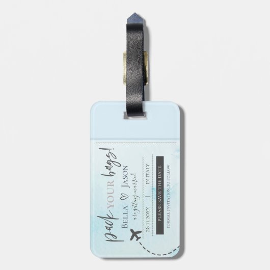 Licht blauw pak je tassen die de datum opslaan bagagelabel (Achterkant verticaal)