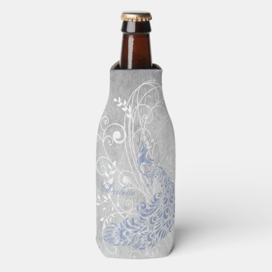 Licht Blauw Peacock Aangepaste flessenkoeler Flesjeskoeler (Fles Voorkant)