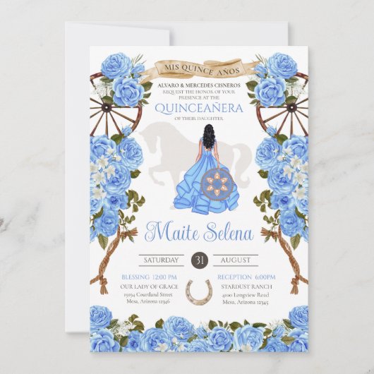 Licht blauw Quinceanera Elegant Roos Western Charr Kaart (Voorkant)