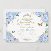 Licht blauw Roos Floral Tiara Butterfly Quinceaner Kaart (Voorkant)