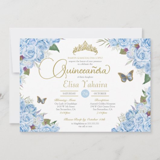 Licht blauw Roos Floral Tiara Butterfly Quinceaner Kaart (Voorkant)