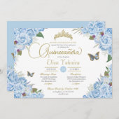 Licht blauw Roos Floral Tiara Butterfly Quinceaner Kaart (Voorkant / Achterkant)