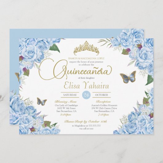 Licht blauw Roos Floral Tiara Butterfly Quinceaner Kaart (Voorkant / Achterkant)