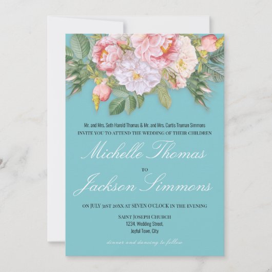 Licht blauw  roze rozen Romantische bruiloft Kaart (Voorkant)