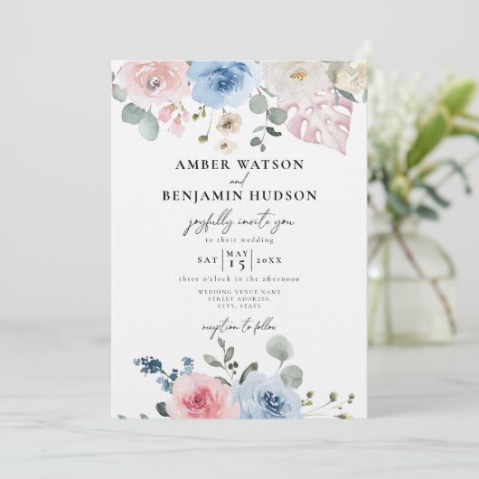 Licht Blauw Roze Tropisch Beach Weddenschap Kaart (Staand voorkant)