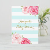 Licht blauw Stripes Waterverf Flowers Baby shower Kaart (Staand voorkant)