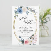 Licht blauw Stusty Roze Floral bespaart de datum Kaart (Staand voorkant)