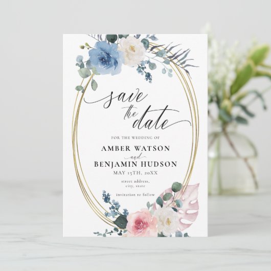 Licht blauw Stusty Roze Floral bespaart de datum Kaart (Staand voorkant)