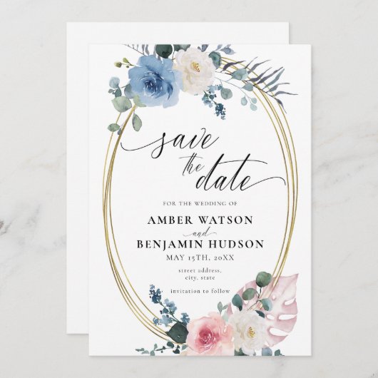 Licht blauw Stusty Roze Floral bespaart de datum Kaart (Voorkant / Achterkant)