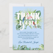 Licht Blauw Tropisch Bladeren Flamingo Baby shower Bedankkaart (Voorkant)