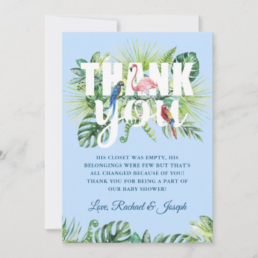Licht Blauw Tropisch Bladeren Flamingo Baby shower Bedankkaart (Voorkant)