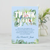 Licht Blauw Tropisch Bladeren Flamingo Baby shower Bedankkaart (Staand voorkant)