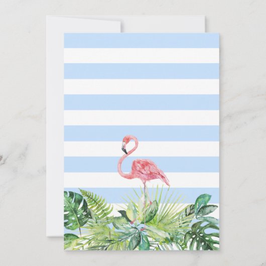 Licht Blauw Tropisch Bladeren Flamingo Baby shower Bedankkaart (Achterkant)