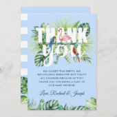 Licht Blauw Tropisch Bladeren Flamingo Baby shower Bedankkaart (Voorkant / Achterkant)