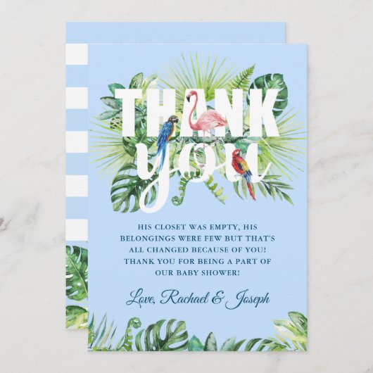 Licht Blauw Tropisch Bladeren Flamingo Baby shower Bedankkaart (Voorkant / Achterkant)
