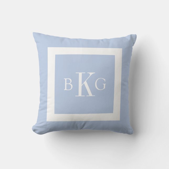 Licht blauw wit aangepast monogram kussen (Voorkant)